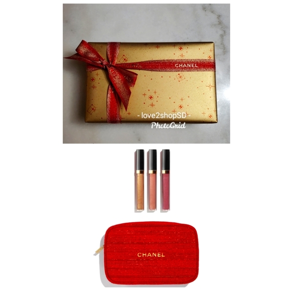 CHANEL Makeup Chanel 222 Holiday Sheer Genius Lipgloss Trio Gift Set Tweed Bag Cosmetic Bnib